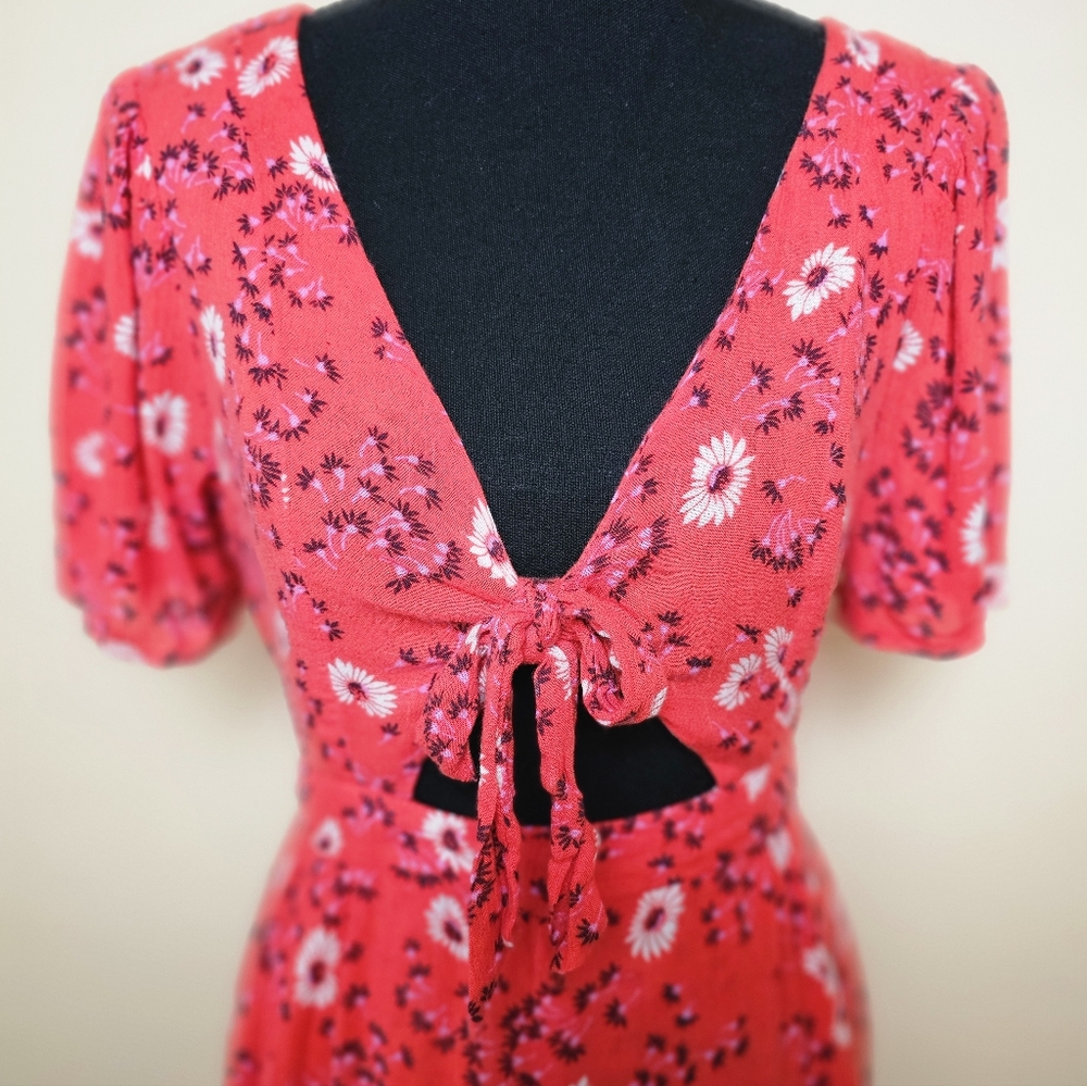 Floral Red Dress Romper with Front Tie